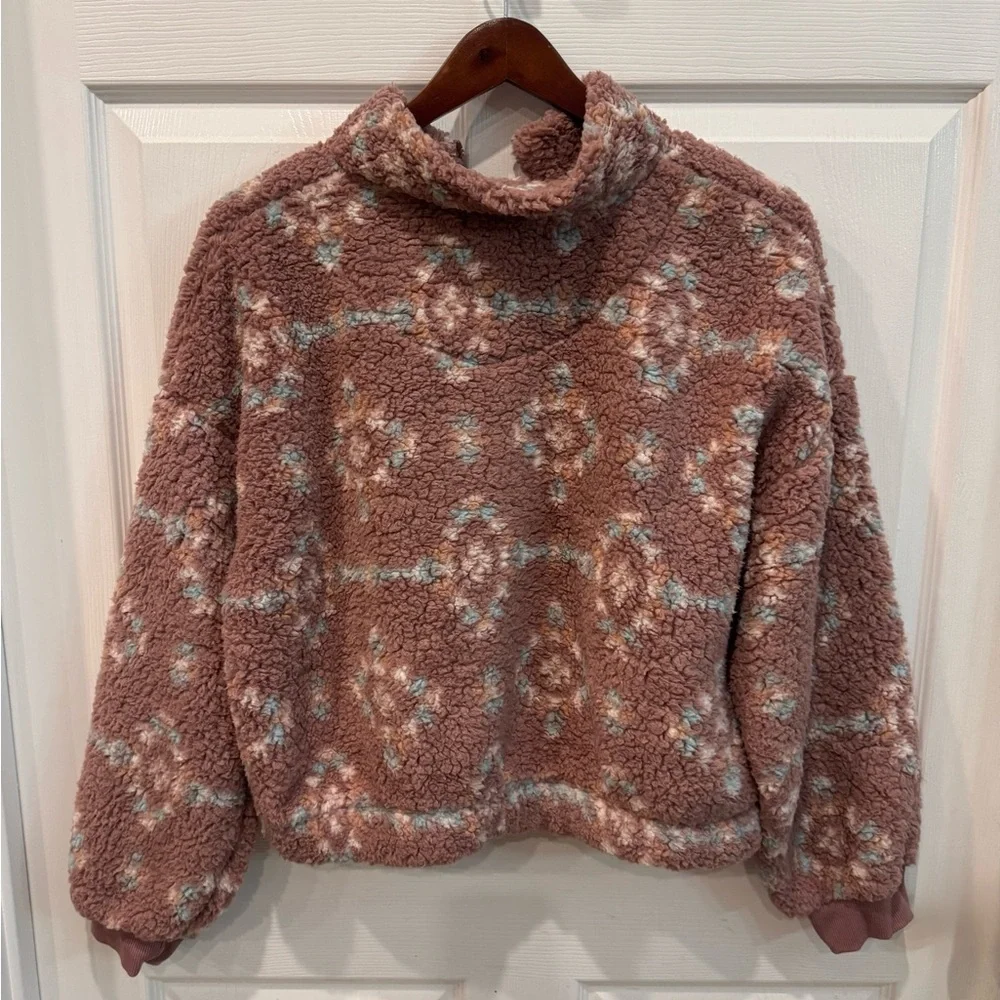 Hippie Rose Sherpa Quarter Zip Pullover Mauve Aztec  Size XL NWT